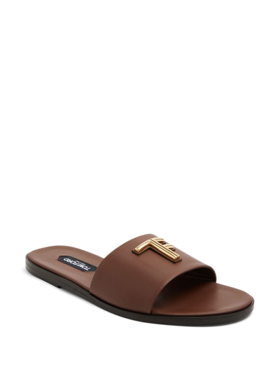 Tom Ford Logo-plaque Leather Slides In Brown