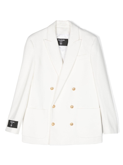 Balmain Kids' Double-breasted Cotton Blazer In White