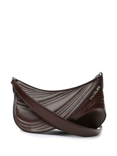 Mugler Medium Embossed Spiral Curve 01 Shoulder Bag In Dark Brown