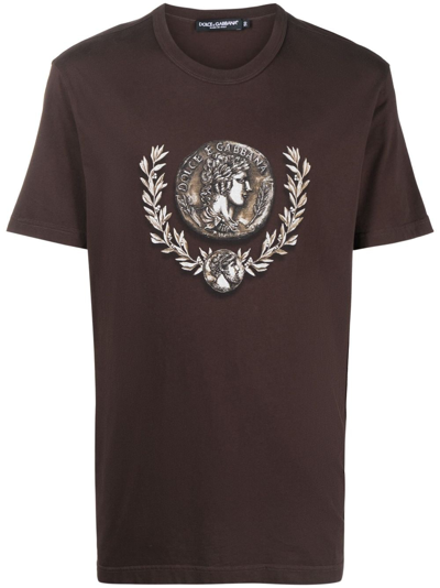 Dolce & Gabbana Coin And Laurel Print Cotton T-shirt In Brown