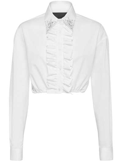 Philipp Plein Cropped Ruffled Cotton Shirt In "01 White"