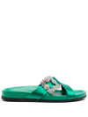 Manolo Blahnik Chilanghi Crystal Buckle Slide Sandals In Green