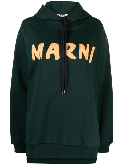 Marni Logo Print Hoodie In Green