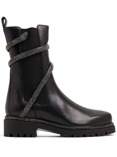 René Caovilla Black Snake-embellished Leather Ankle Boots In Nero