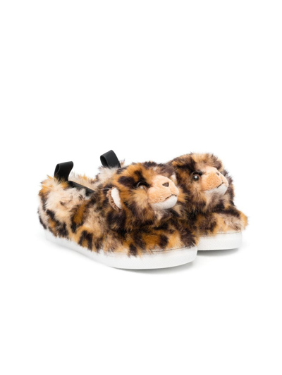 Dolce & Gabbana Kids' Shearling Animal-toy Slippers In Brown