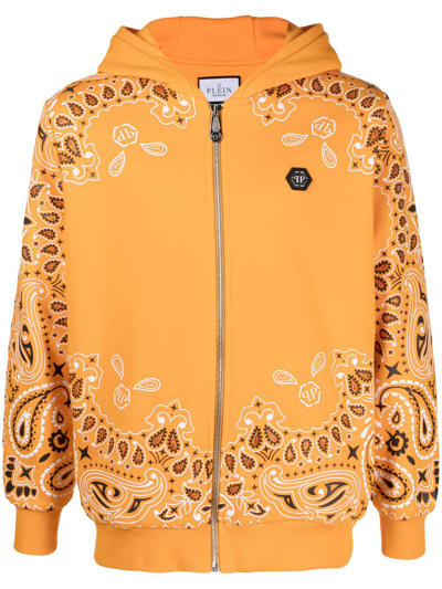 Philipp Plein Bandana-print Zip-up Hoodie In Orange