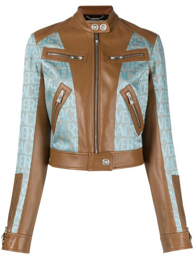 Versace Allover-jacquard Panelled Biker Jacket In Pale Blue Beige (brown)