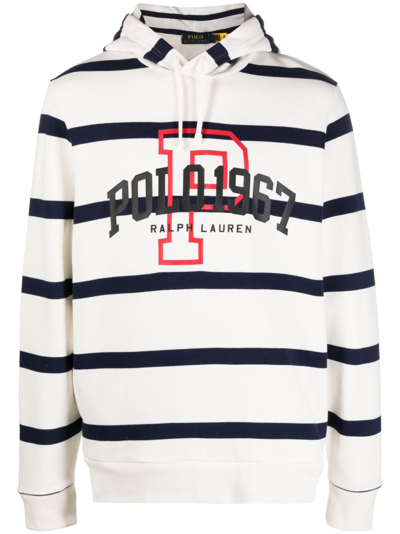 Polo Ralph Lauren Logo-print Striped Cotton Hoodie In White