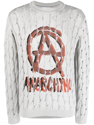 Moschino Logo-print Cable-knit Jumper In Grey