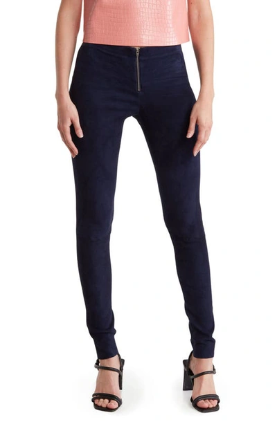 Alice And Olivia Front Zip Suede Leggings In Navy