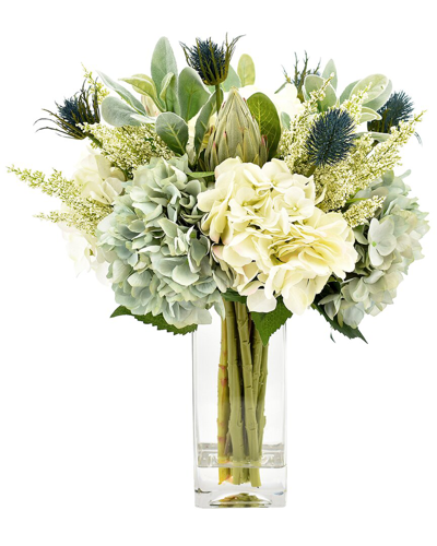Creative Displays Blue & White Hydrangeas, Lamb's Ear & Protea Arranged In Glass Vase