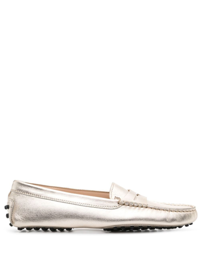 Tod's Leather Penny Strap Loafers With Metallic Finish In Grey