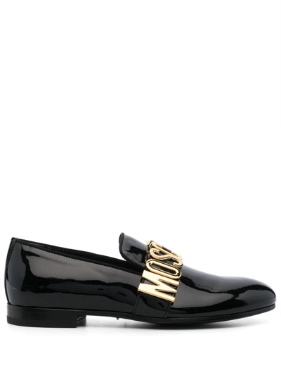 Moschino Men's Logo Patent Leather Loafers In Black