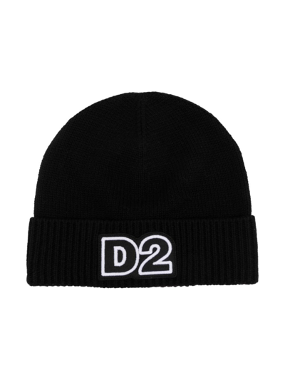 Dsquared2 Kids' Logo-patch Ribbed-knit Beanie In Black