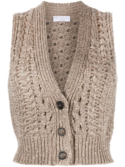 Brunello Cucinelli Open-knit Cropped Vest In Brown