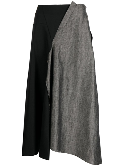 Y's Two-tone Asymmetric Wool Skirt In Black