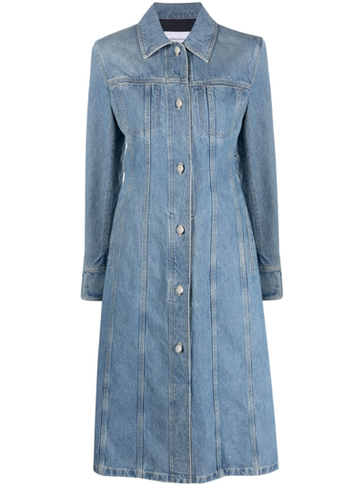 Ferragamo Button-front Long Denim Trench Coat In Blue