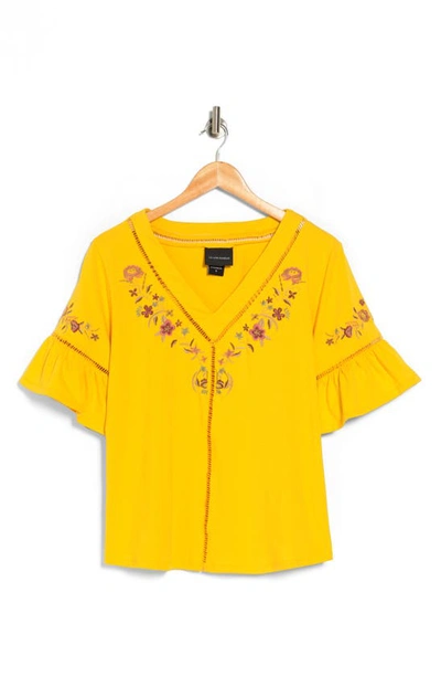 Liv Los Angeles Floral Embroidered Flutter Sleeve Blouse In Yellow