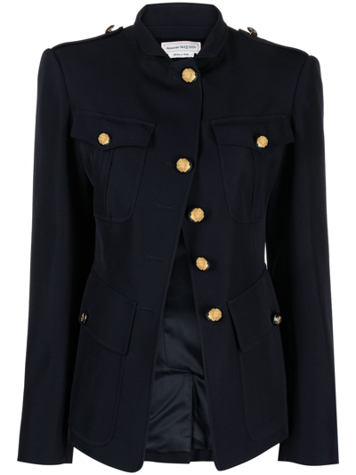 Alexander Mcqueen Womens Navy Military Cut-out Cotton And Wool-blend Jacket In Blue