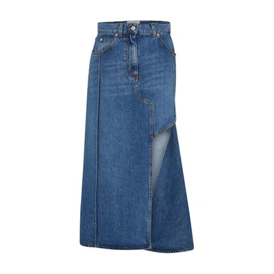 Alexander Mcqueen Asymetric Midi Skirt In Blue_stone_wash