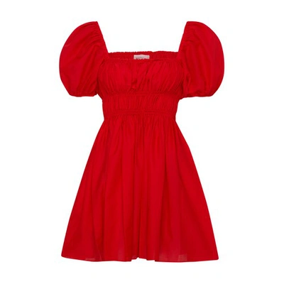Matteau Shirred Peasant Mini Dress In Rosso
