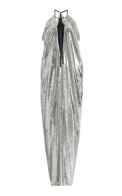 Philosophy Di Lorenzo Serafini Sequin Plunge-neck Draped Maxi Dress In Silver