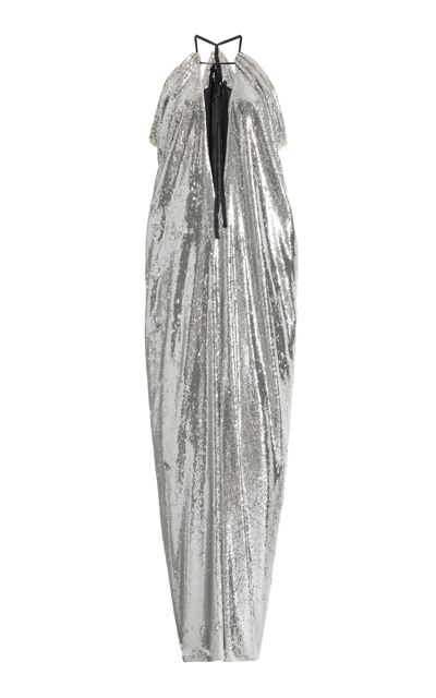 Philosophy Di Lorenzo Serafini Sequin Plunge-neck Draped Maxi Dress In Argento