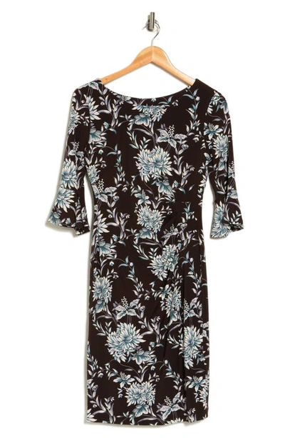 Connected Apparel Floral Three-quarter Sleeve Dress In Espresso