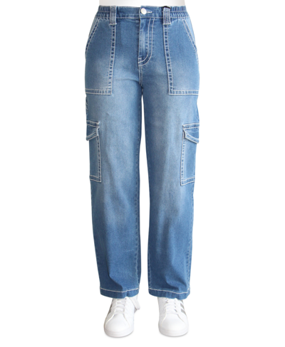 Almost Famous Crave Fame Juniors' High-rise Heavy Stitch Cargo Jeans In Light Wash