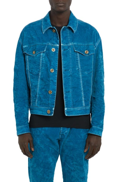 Versace Medusa Stretch Crushed Velveteen Jacket In Blue