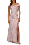 ADRIANNA PAPELL METALLIC JACQUARD OFF THE SHOULDER GOWN
