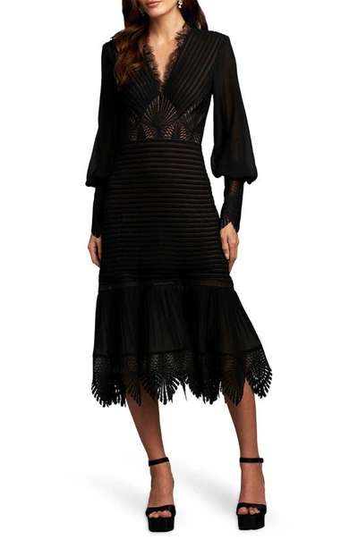 Tadashi Shoji Ribbed Lace Trim Long Sleeve Midi Cocktail Dress In Black