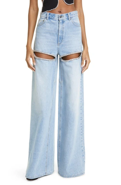 AREA CRYSTAL SLIT COTTON DENIM WIDE LEGS JEANS