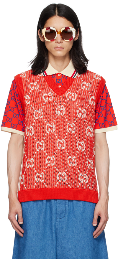 Gucci Gg Knit Cotton Jacquard Vest In Red