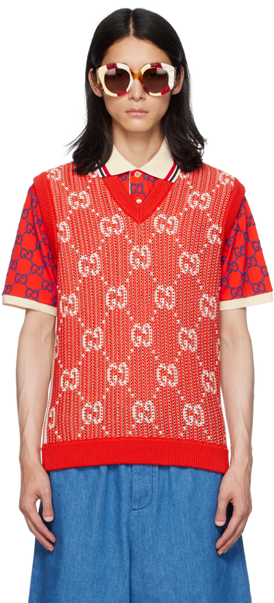 Gucci Gg Knit Cotton Jacquard Waistcoat In Red,ivory