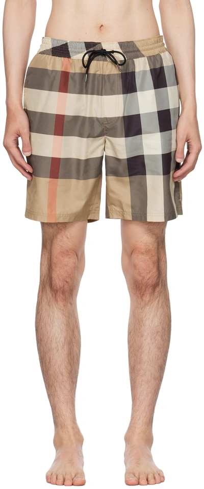 BURBERRY BEIGE EXAGGERATED CHECK SWIM SHORTS
