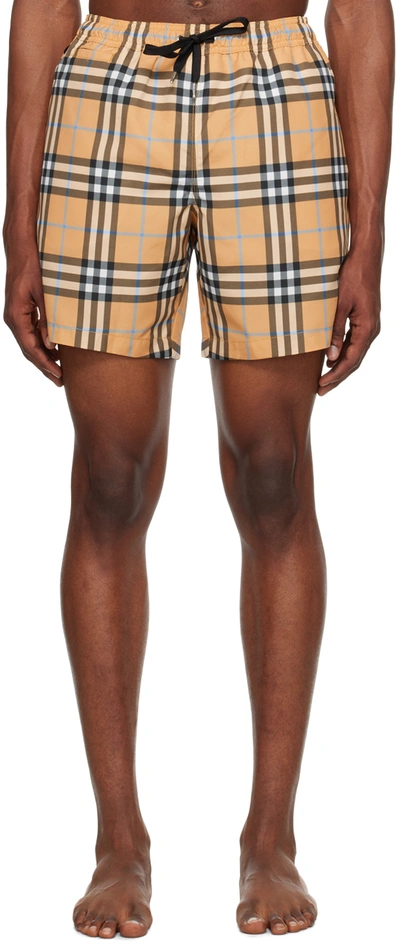 Burberry Check Drawcord Swim Shorts In Brown