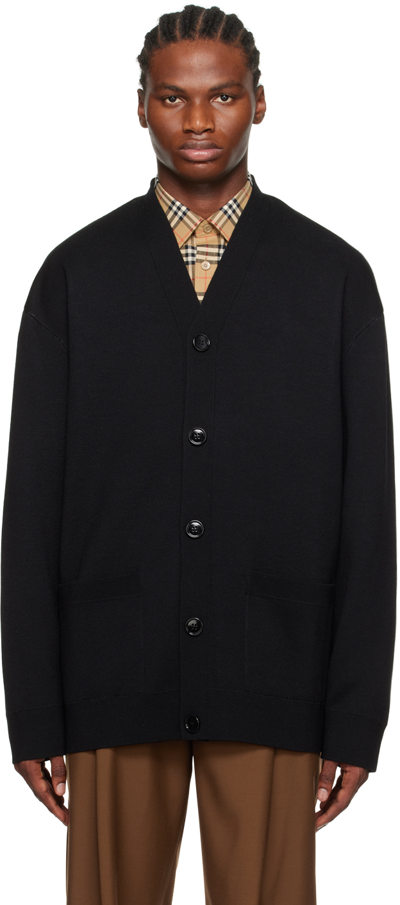 Burberry Chequered Crest Wool Blend Oversized Cardigan In Black