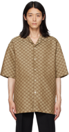 Gucci Summer Gg Supreme Linen Blend Shirt In 2580 Camel/ebony