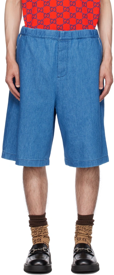 Gucci Logo-patch Chambray Bermuda Shorts In Blue