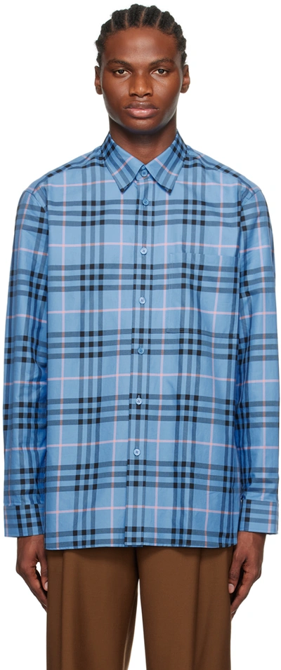 Burberry Check Cotton Shirt In Dusty Azure