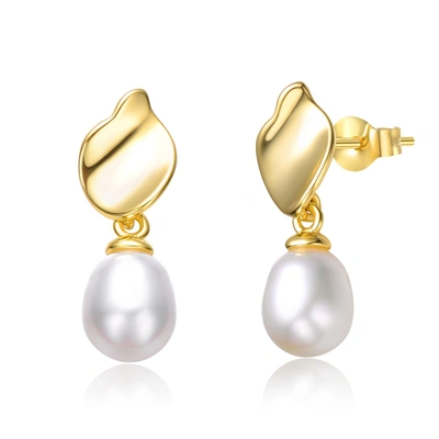 Genevive Sterling Silver 14k Yellow Gold Plated With Oval White Pearl Seashell Design Double Dangle Earrings