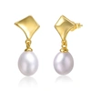Genevive Sterling Silver 14k Yellow Gold With White Freshwater Pearl Drop Geometric Shield Retro Dangle Earri In Gold