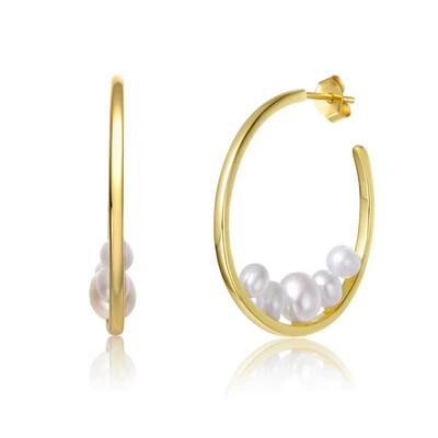 Genevive Sterling Silver 14k Yellow Gold Plated With White Freshwater Pearl Cluster 3/4 C-hoop Earrings