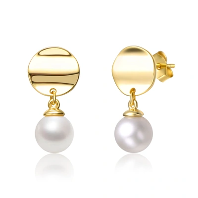 Genevive Sterling Silver 14k Yellow Gold Plated With White Pearl Concentric Halo Dangle Drop Earrings