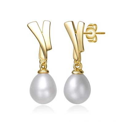 Genevive Sterling Silver 14k Yellow Gold Plated With White Pearl Double Drop Seashell Dangle Earrings