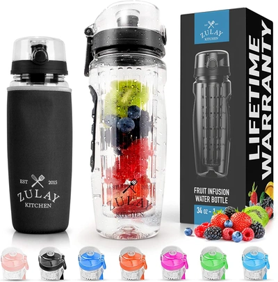 Zulay Kitchen Fruit Infuser Water Bottle With Sleeve & Flip Top Lid In Black