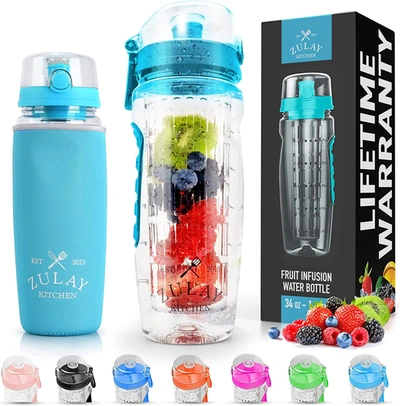 Zulay Kitchen Fruit Infuser Water Bottle With Sleeve & Flip Top Lid In Blue