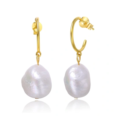 Genevive Sterling Silver 14k Yellow Gold Plated With Baroque Oval White Pearl Dangle Drop C-hoop Earrings