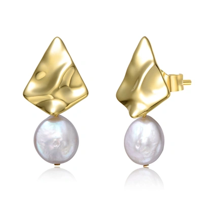 Genevive Sterling Silver 14k Yellow Gold Plated With White Coin Pearl Drop Geometric Rippled 3d Double Dangle